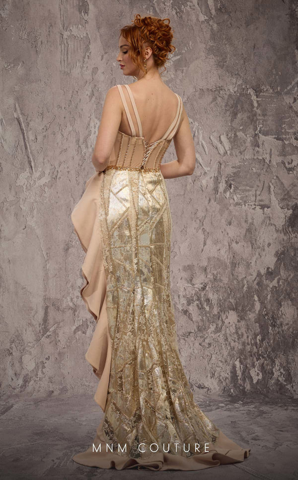 MNM Couture Style J03632 beaded column gown with a Molly-style corset top, double straps, straight neckline, dramatic beading, and ruffled asymmetrical hem with open slit. | Couture Shop LA