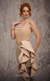 MNM Couture Style J03632 beaded column gown with a Molly-style corset top, double straps, straight neckline, dramatic beading, and ruffled asymmetrical hem with open slit. | Couture Shop LA