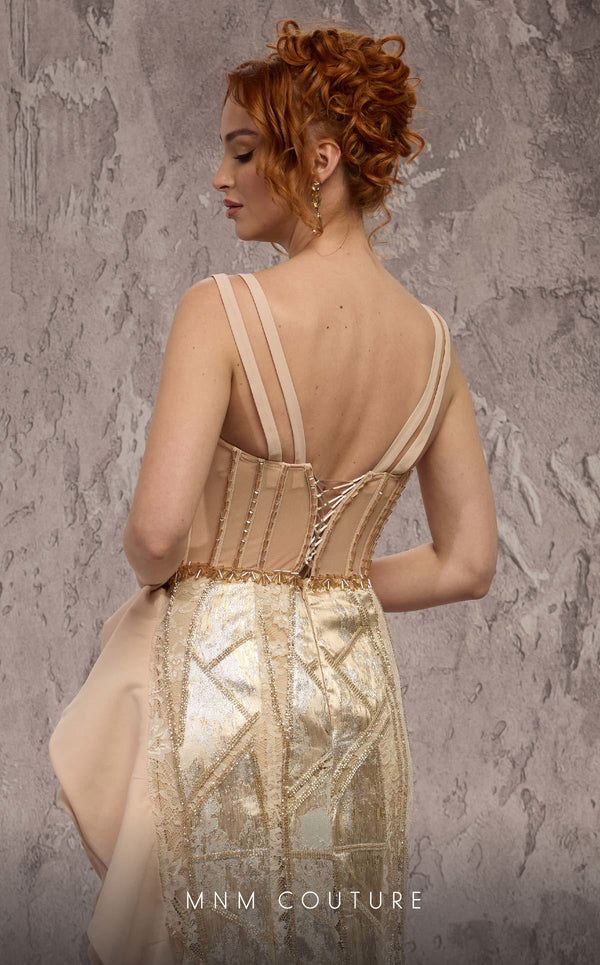 MNM Couture Style J03632 beaded column gown with a Molly-style corset top, double straps, straight neckline, dramatic beading, and ruffled asymmetrical hem with open slit. | Couture Shop LA