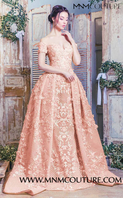 MNM Couture K3496 off-the-shoulder lace dress with trumpet skirt and intricate floral detailing. | Couture Shop LA