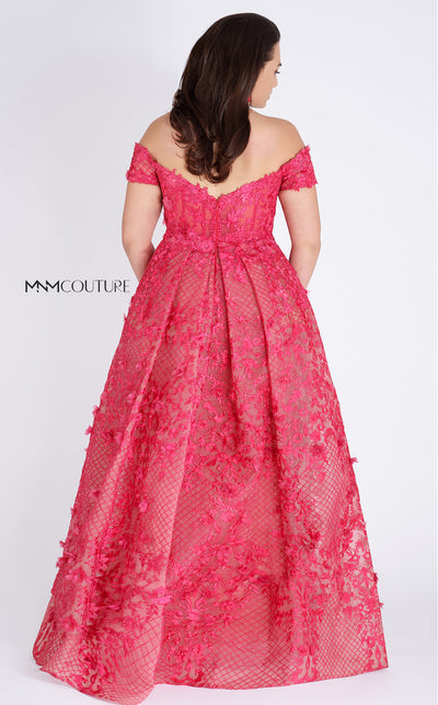 MNM Couture K3496 off-the-shoulder lace dress with trumpet skirt and intricate floral detailing. | Couture Shop LA