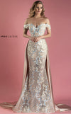 MNM Couture K3556 mesh and satin gown with detachable skirt cape and embroidered detailing.  