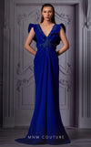 MNM Couture K3844 royal blue column gown with V-neckline and sweep train | Couture Shop LA