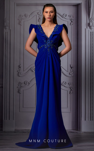 MNM Couture K3844 royal blue column gown with V-neckline and sweep train | Couture Shop LA