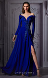 MNM Couture K3846 royal blue flared gown with sequin details and off-shoulder long sleeves | Couture Shop LA