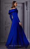 MNM Couture K3846 royal blue flared gown with sequin details and off-shoulder long sleeves | Couture Shop LA