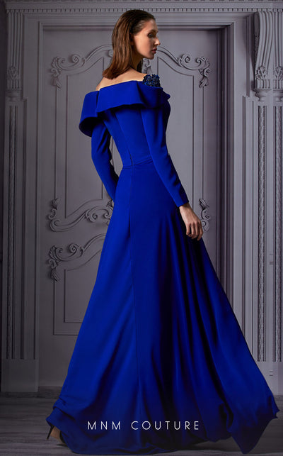 MNM Couture K3846 royal blue flared gown with sequin details and off-shoulder long sleeves | Couture Shop LA