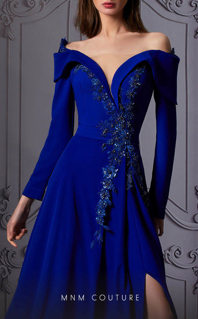 MNM Couture K3846 royal blue flared gown with sequin details and off-shoulder long sleeves | Couture Shop LA