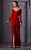 MNM Couture K3849 fitted rayon crepe dress with train cut and asymmetrical V neckline.