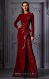 MNM Couture K3850 long-sleeve sequin gown with a split skirt, bateau neckline, and sweeping train. | Couture Shop LA