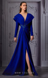 MNM Couture K3852 royal blue flared gown with pleated cap sleeves and beaded waist detail | Couture Shop LA