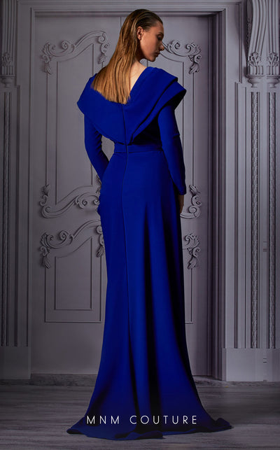 MNM Couture K3852 royal blue flared gown with pleated cap sleeves and beaded waist detail | Couture Shop LA