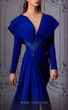 MNM Couture K3852 royal blue flared gown with pleated cap sleeves and beaded waist detail | Couture Shop LA