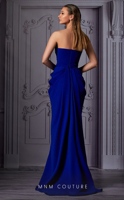 MNM Couture K3854 sleeveless fitted rayon crepe gown with train cut and asymmetrical neckline. | Couture Shop LA