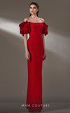  MNM Couture K3875 fitted rayon crepe dress with long ruffle sleeves and back slit.