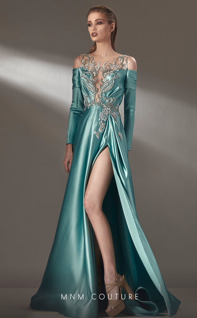 MNM Couture K3886 off-shoulder satin gown with long train and floral embroidery. | Couture Shop LA