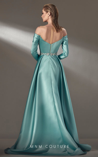 MNM Couture K3886 off-shoulder satin gown with long train and floral embroidery. | Couture Shop LA