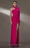 MNM Couture K3892 asymmetrical fitted rayon crepe dress with train cut and pleat details.