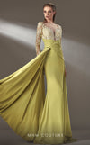 MNM Couture K3893 mermaid dress with illusion neckline, sequins, and long cape details.