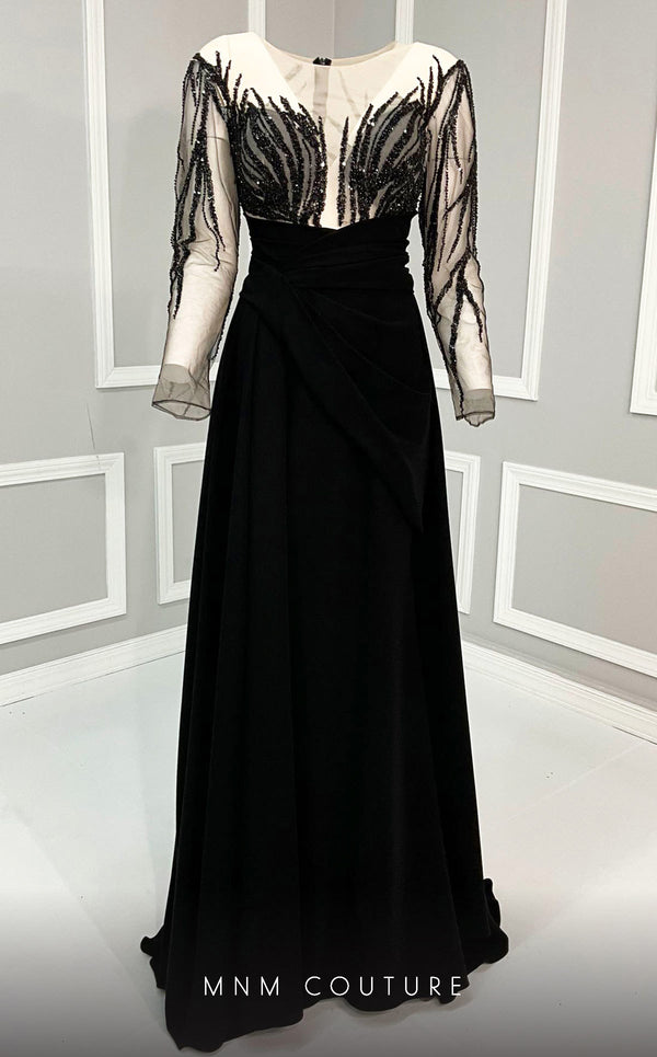 MNM Couture K3893 mermaid dress with illusion neckline, sequins, and long cape details. | Couture Shop LA