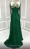 MNM Couture K3893 mermaid dress with illusion neckline, sequins, and long cape details.