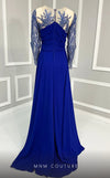 MNM Couture K3893 mermaid dress with illusion neckline, sequins, and long cape details.