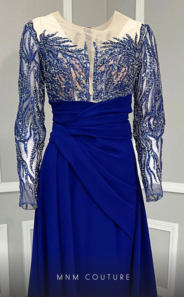 MNM Couture K3893 mermaid dress with illusion neckline, sequins, and long cape details. | Couture Shop LA