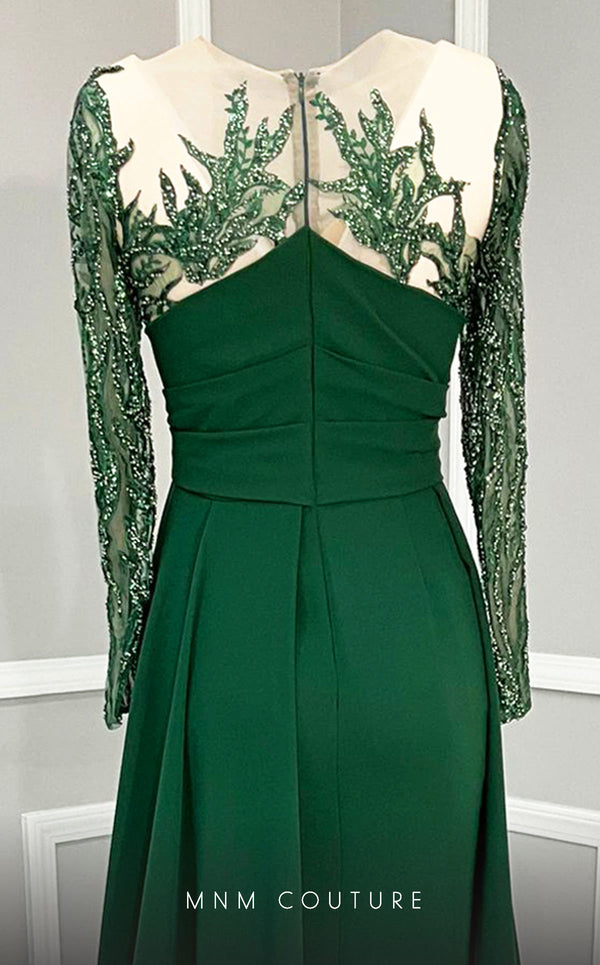 MNM Couture K3893 mermaid dress with illusion neckline, sequins, and long cape details. | Couture Shop LA