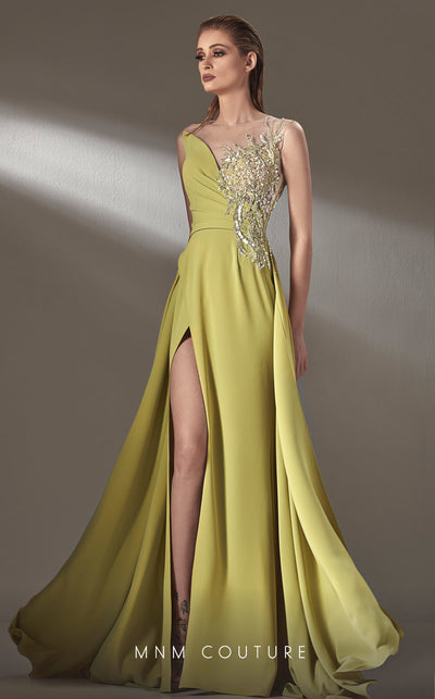 MNM Couture K3903 A-line dress with illusion neckline and side slit details. | Couture Shop LA