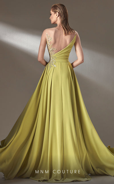 MNM Couture K3903 A-line dress with illusion neckline and side slit details. | Couture Shop LA