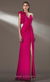 MNM Couture K3904 column dress with asymmetrical ruffle and pleat details.