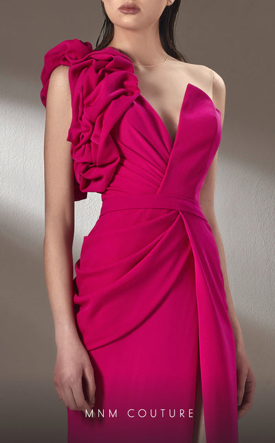 MNM Couture K3904 column dress with asymmetrical ruffle and pleat details. | Couture Shop LA