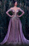 MNM Couture K3913 gown with illusion off-shoulder design, sequins, sheer inset, and a dramatic sweep train.