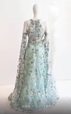 MNM Couture K3922 aqua mesh flared gown with cape sleeves and floral embroidery | Couture Shop LA