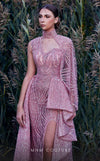 MNM Couture K3925 gown with one-shoulder cape, choker design, ruffled skirt, and full beaded charm. | Couture Shop LA