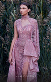 MNM Couture K3925 gown with one-shoulder cape, choker design, ruffled skirt, and full beaded charm. | Couture Shop LA