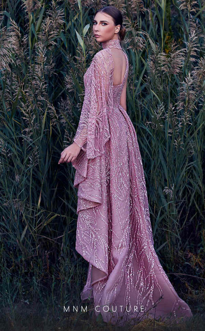 MNM Couture K3925 gown with one-shoulder cape, choker design, ruffled skirt, and full beaded charm. | Couture Shop LA