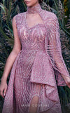 MNM Couture K3925 gown with one-shoulder cape, choker design, ruffled skirt, and full beaded charm. | Couture Shop LA