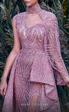 MNM Couture K3925 gown with one-shoulder cape, choker design, ruffled skirt, and full beaded charm. | Couture Shop LA