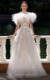 MNM Couture K3933 off-shoulder gown with feathers, glitter accents, and sheer bodice. | Couture Shop LA