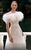 MNM Couture K3933 off-shoulder gown with feathers, glitter accents, and sheer bodice. | Couture Shop LA