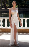 MNM Couture K3937 white rayon crepe column gown with asymmetric neckline and sweep train | Couture Shop LA