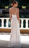 MNM Couture K3937 white rayon crepe column gown with asymmetric neckline and sweep train | Couture Shop LA