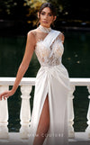 MNM Couture K3938 white rayon crepe flared gown with high neckline and sequins | Couture Shop LA