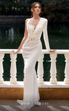 MNM Couture K3940 mermaid gown with long sleeves, illusion neckline, and draped bead embellishments. | Couture Shop LA