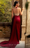 MNM Couture K3946 silk sheath gown with lace appliqu�, ruched bodice, and a sweeping train. | Couture Shop LA