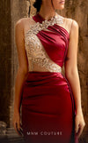 MNM Couture K3946 silk sheath gown with lace appliqu�, ruched bodice, and a sweeping train. | Couture Shop LA