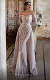 MNM Couture K3950 heavily embellished gown with off-shoulder sleeves and an open back design.