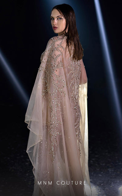 MNM Couture K3960 beige mesh semi-flared gown with illusion halter neckline and cape train | Couture Shop LA
