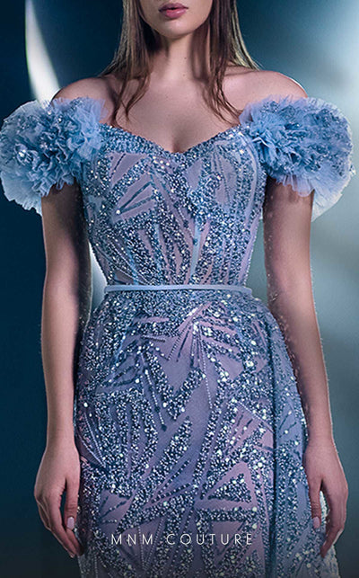 MNM Couture K3963 gown with off-shoulder sleeves, corset-boned bodice, and dramatic cascading ruffles. | Couture Shop LA